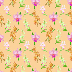 Fototapeta na wymiar Pink Cattleya orchid flower blossom seamless pattern on beige color