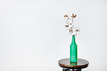 photo of delicate branch of white cotton inside green bottle on black metal stool