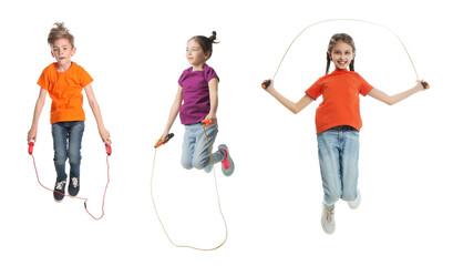 Cute happy children with jumping ropes on white background, collage. Banner design