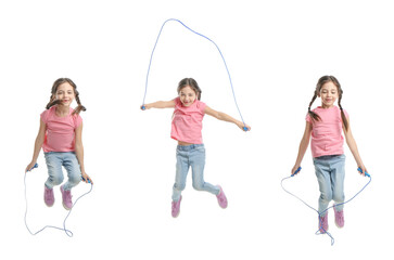 Cute happy girl with jumping rope on white background, collage. Banner design