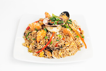 chaufa rice recipe with prawns, mussels, scallops, squid, vegetables, scrambled eggs