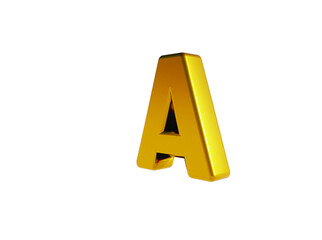 Volumetric glossy Golden Metallic uppercase letter A isolated on white background. 3D rendered alphabet. Modern font for banner, poster, cover, logo design template element.
