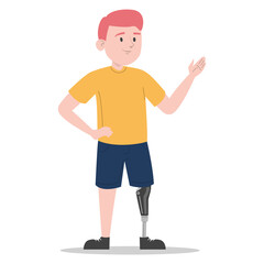 Happy young boy with a prosthetic leg vector isolated. Illustration of a child wearing a prosthesis. Handicapped person, kid with artificial limb.
