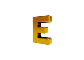 Volumetric glossy Golden Metallic uppercase letter E isolated on white background. 3D rendered alphabet. Modern font for banner, poster, cover, logo design template element.