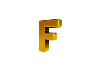 Volumetric glossy Golden Metallic uppercase letter F isolated on white background. 3D rendered alphabet. Modern font for banner, poster, cover, logo design template element.