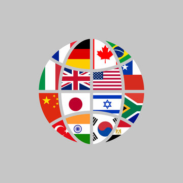 World flags globe. International business. Vector flat