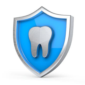 Metal shield with the silver teeth icon on white background. Organ safety concept. 3d illustration.	
