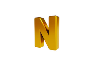 Volumetric glossy Golden Metallic uppercase letter N isolated on white background. 3D rendered alphabet. Modern font for banner, poster, cover, logo design template element.