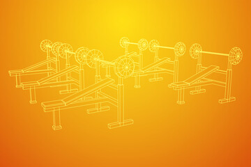 Barbell with weights. Gym equipment. Bodybuilding, powerlifting, fitness concept. Wireframe low poly mesh vector illustration.