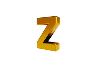 Volumetric glossy Golden Metallic uppercase letter Z isolated on white background. 3D rendered alphabet. Modern font for banner, poster, cover, logo design template element.