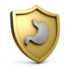Golden shield with the silver stomach icon on white background. Organ safety concept. 3d illustration.	
