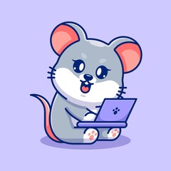 Cute mouse working on a laptop cartoon