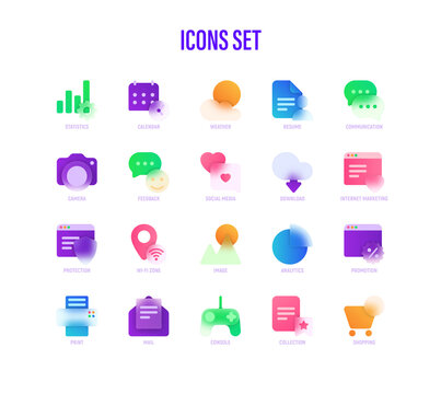 Icons set in glassmorphism style. Statistics, Calendar, Weather, Camera, Feedback, Social Media, Download, Internet Marketing, Wi-Fi Zone. Vector illustration.