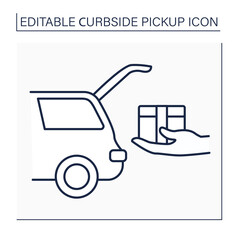 Curbside pickup line icon. Shipping parcel into car trunk. Store associate brings pickup order. Contact-free delivery concept. Isolated vector illustration. Editable stroke
