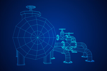 Oil tank storage of flammable materials and pipeline with valve. Finance economy polygonal petrol production. Petroleum fuel industry transportation line. Wireframe low poly mesh vector illustration.