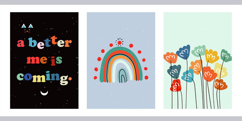 A set of three bright aesthetic posters. Minimalistic posters with positive phrases for social media, cover design, web. Vintage illustrations with rainbow, sun, geometric shapes, dots, lines.