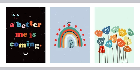 Rolgordijnen A set of three bright aesthetic posters. Minimalistic posters with positive phrases for social media, cover design, web. Vintage illustrations with rainbow, sun, geometric shapes, dots, lines. © Nataly