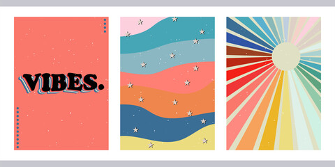 Ein Set aus drei hellen, ästhetischen Postern. Minimalistische Plakate mit positiven Phrasen für soziale Medien, Coverdesign, Web. Vintage Illustrationen mit Regenbogen, Sonne, geometrischen Formen, Punkten, Linien.