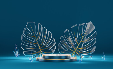 podium empty with quartz stone crystals and glass monstera leaf in blue composition for modern stage display and minimalist mockup ,abstract showcase background ,Concept 3d illustration or 3d render