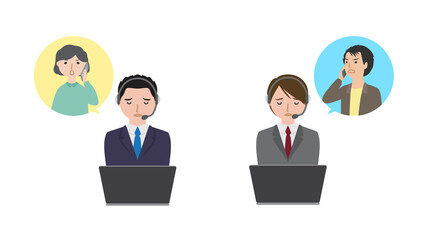 クレームに対応している困り顔のヘッドセットの男性
