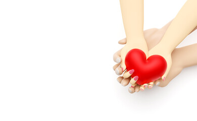 cartoon woman and man hands holding red heart isolated on white background with copy space ,3d render