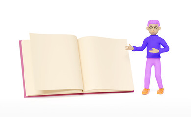 Character cartoon man standing near open book  isolated on white background ,mockup template concept ,3d render