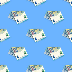 Seamless pattern. Curved EU paper money. Euro 20 banknotes arranged symmetrically and staggered with shadows on a blue background