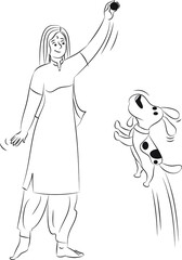 Happy Indian girl playing with the dog