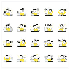 Workaholic flat icons set. Workaholism prevention and consequences. Workaholism treatment, ethic and dilemma.Conduct rules. Overworking concept.Vector illustrations