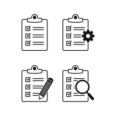 Clipboard icon. Checklist with gear, checkmarks, magnifier and pencil.