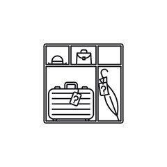 Shelf with suitcase, umbrella, hat and handbag vector line icon. Public transport lost and found outline symbol.