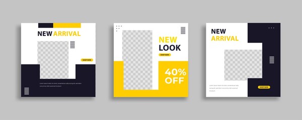 Set of Editable minimal square banner template. Blue yellow white background color with geometric shapes for social media post and web internet ads. Vector illustration