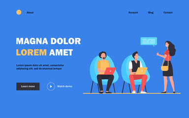 Men working at laptop. Woman showing thumb up to them flat vector illustration. Communication, team, coworking concept for banner, website design or landing web page