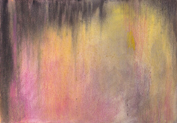 Watercolor drawing of gray, pink and yellow flowers with stains, completed with a pencil. 