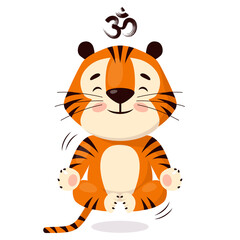 Cute cartoon tiger doing yoga, levitates sitting in lotus pose. Symbol of 2022, year of the tiger. Vector illustration isolated on white background