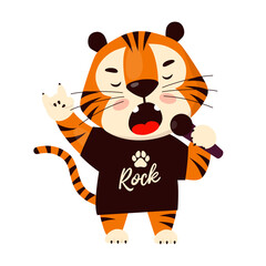 Cute cartoon tiger in black t-shirt singing and rocking. Symbol of 2022, year of the tiger. Vector illustration isolated on white background