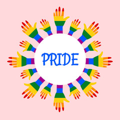 Banner for pride month. Hand in lgbtr rainbow flag colors, helping hands. Poster for support equality and homosexuality, human rights violation. Vector flat illustration, isolated on a pink