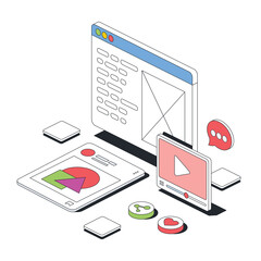 Obraz premium Application window, video, social network. Vector 3d line isometric, color web icons, new flat style. Creative design idea for infographics.