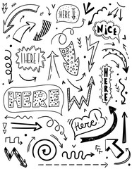 Doodle set of speech bubbles and arrows in comic hand drawn style. dialog windows with phrase here.