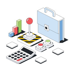 Briefcase bag, calculator, finance management. Vector 3d line isometric, color web icons, new flat style. Creative design idea for infographics.