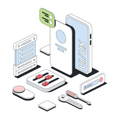 User interface development and design. Vector 3d line isometric, color web icons, new flat style. Creative design idea for infographics.