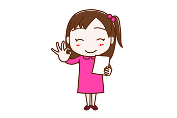 書類が完成してバッチリの手をする少女