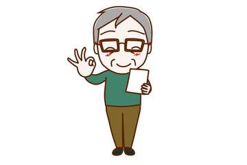 書類が完成してバッチリの手をする高齢の男性