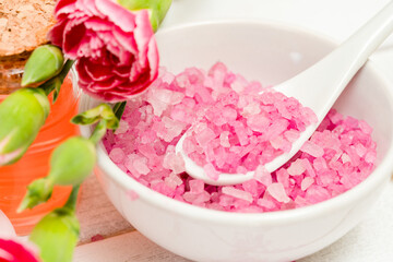 Pink spa salt in a bowl