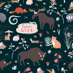 Cute funny vector forest animals seamless texture