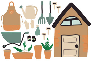 Garden set, Garden and vegetable garden icons, Gardening Illustration collection, Flower and Fruit growing, Apron, House, Seeds, Cart, Flower pots, Gardening, Hand drawing, Isolated white background