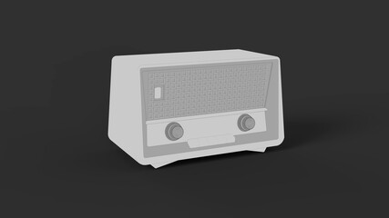 Grey and white vintage style tune broadcast radio receiver device on soft black background 3d render image