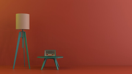 Vintage style red color living room with retro tune radio, furniture and decoration for design interior 3d rendering image