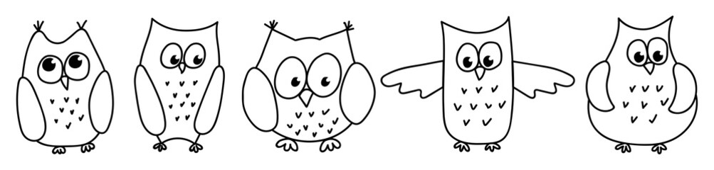 Set of cute hand-drawn owls in doodle style. Monochrome vector outline illustration isolated on white background.