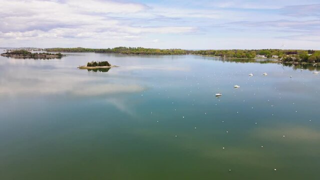 Aerial shot over Hingham Harbor in Massachusetts,  Static Drone.